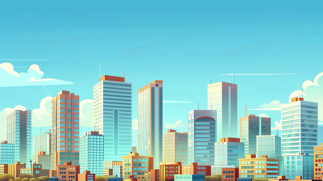 蓝天白云房屋建筑大厦插画