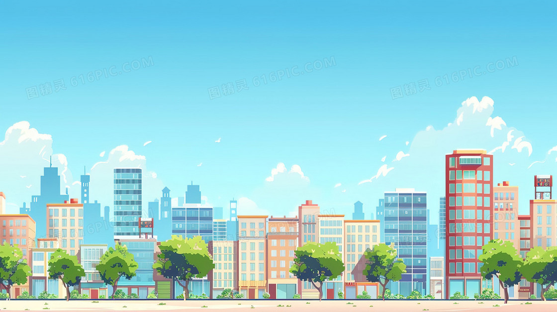 蓝天白云房屋建筑大厦插画