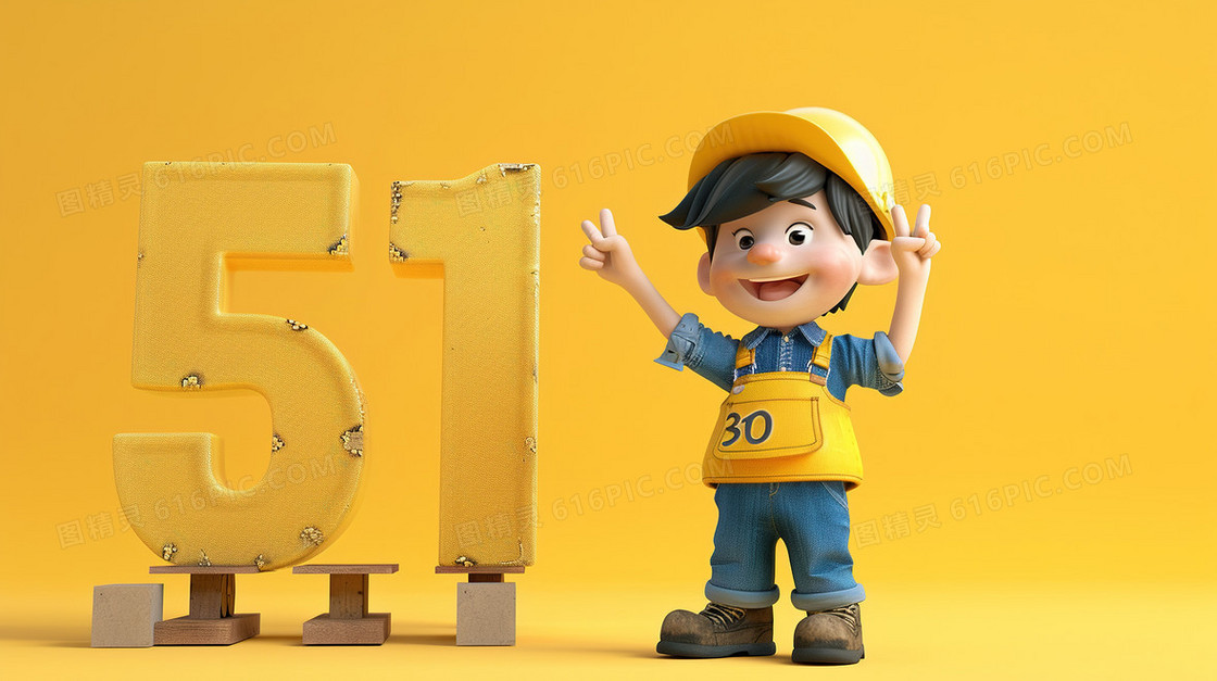 劳动节男孩和51字体艺术字插画