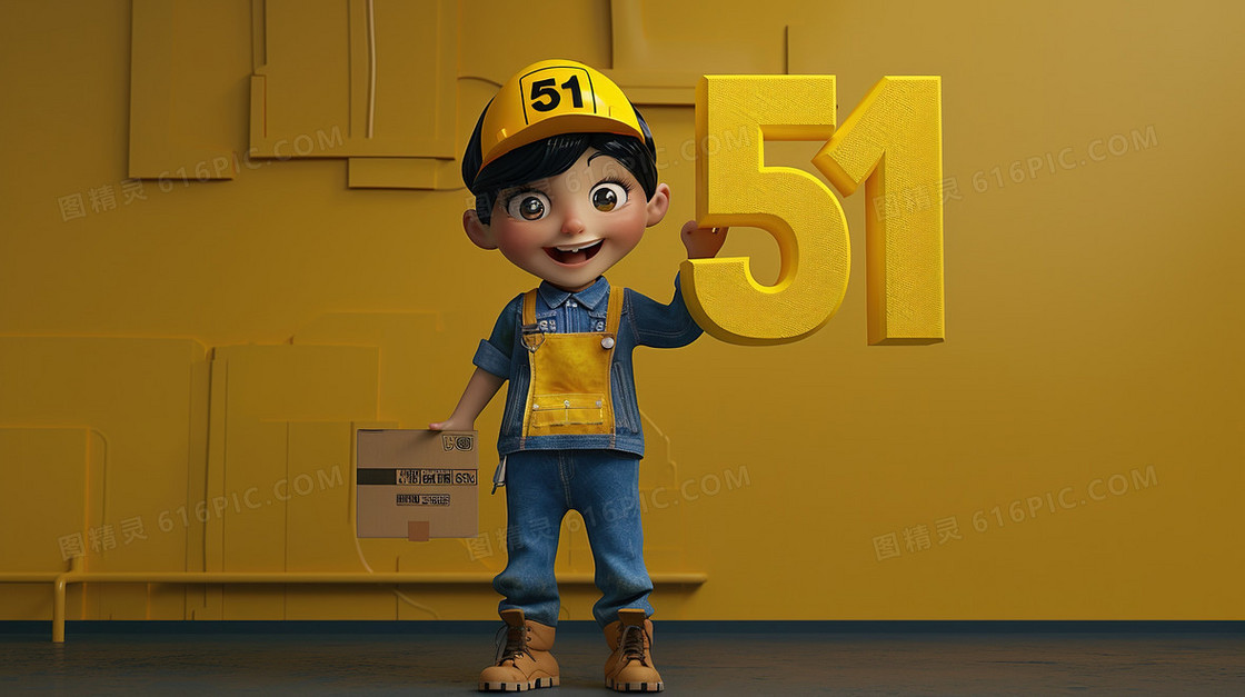 劳动节男孩51字体艺术字插画