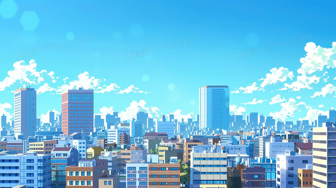 蓝天白云房屋建筑大厦插画