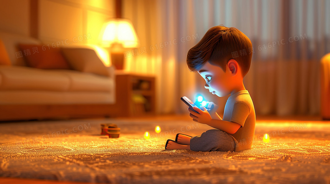 坐地上玩手机的小男孩插画