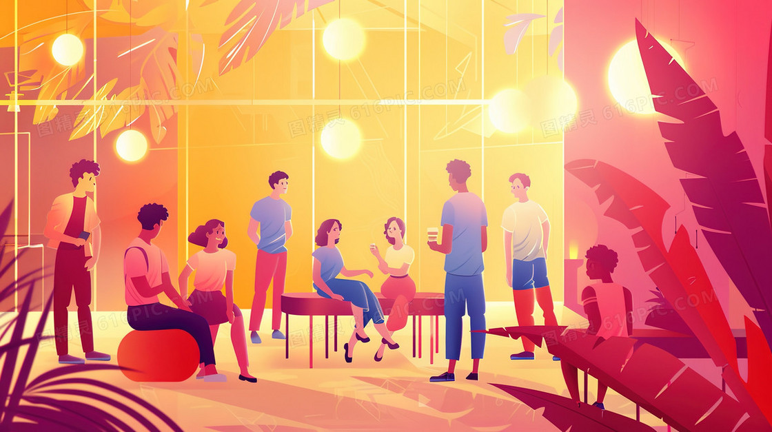 交谈聚会的年轻人插画