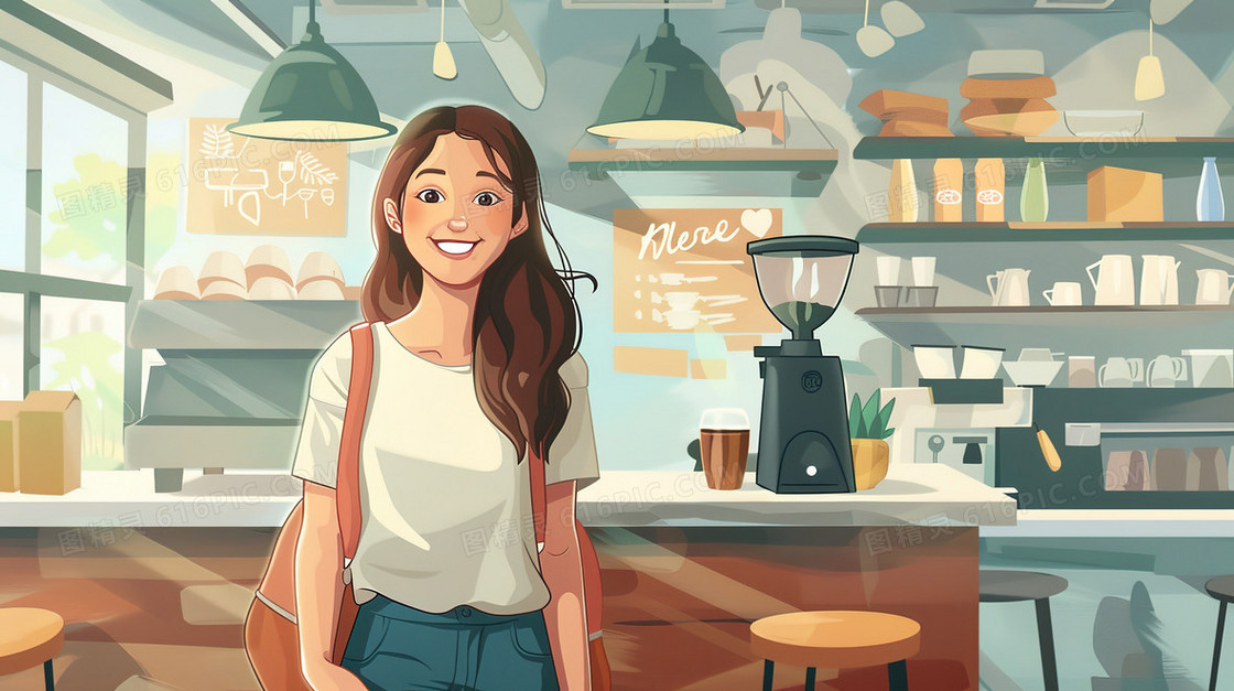 咖啡馆里的女青年插画