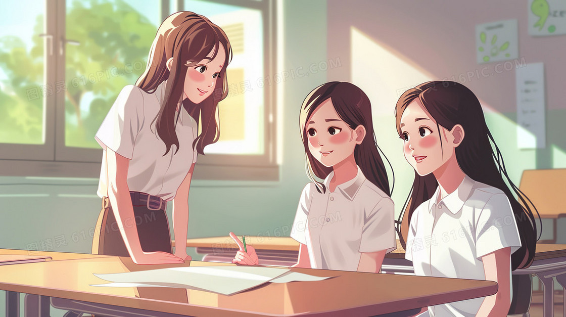 教室交谈的女学生插画