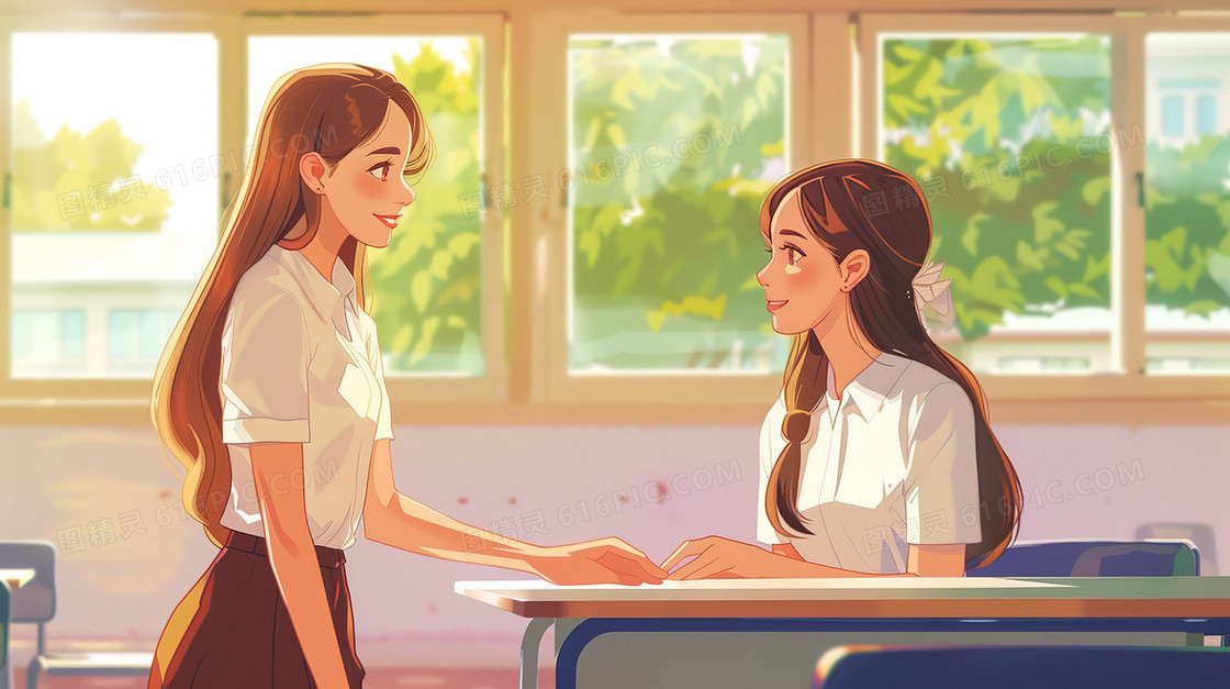 教室交谈的女学生插画