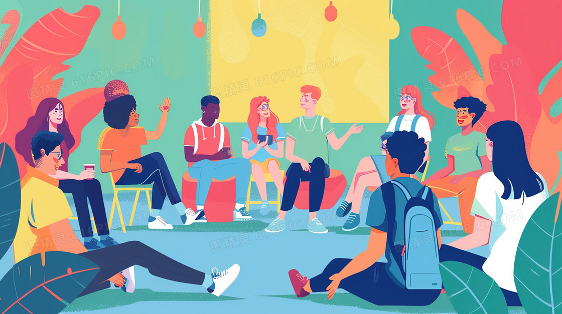 交谈聚会的年轻人插画