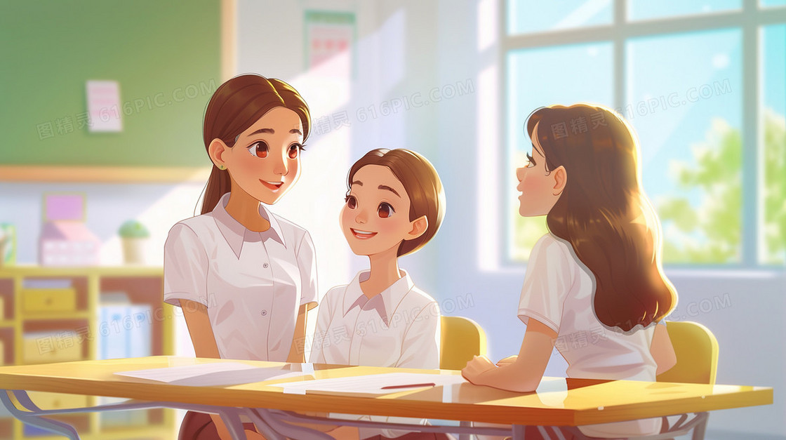 教室交谈的女学生插画