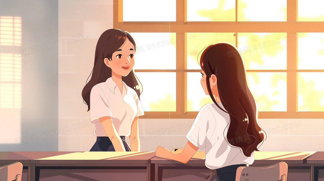 教室交谈的女学生插画
