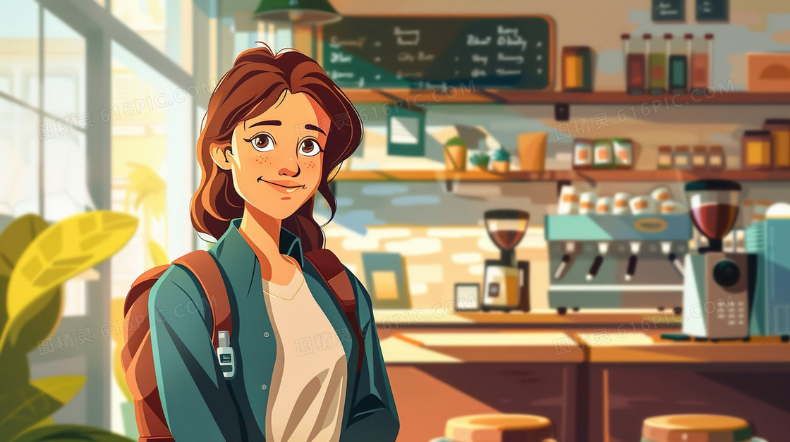 咖啡馆里的女青年插画