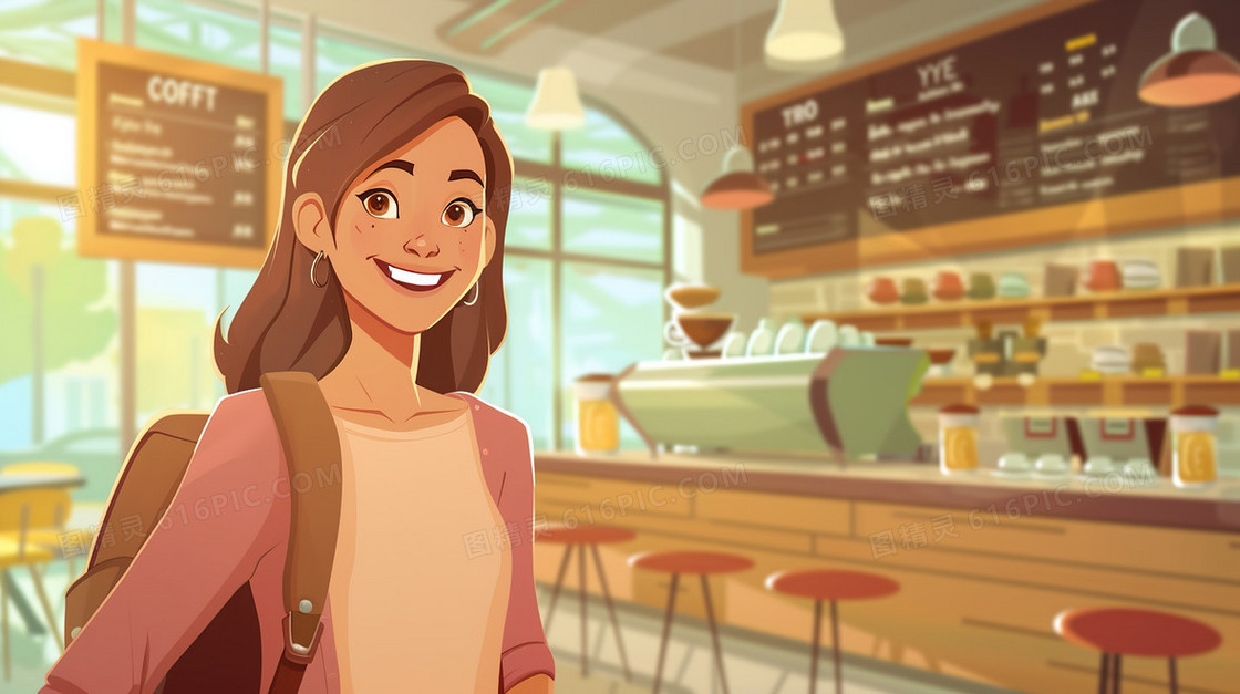 咖啡馆里的女青年插画
