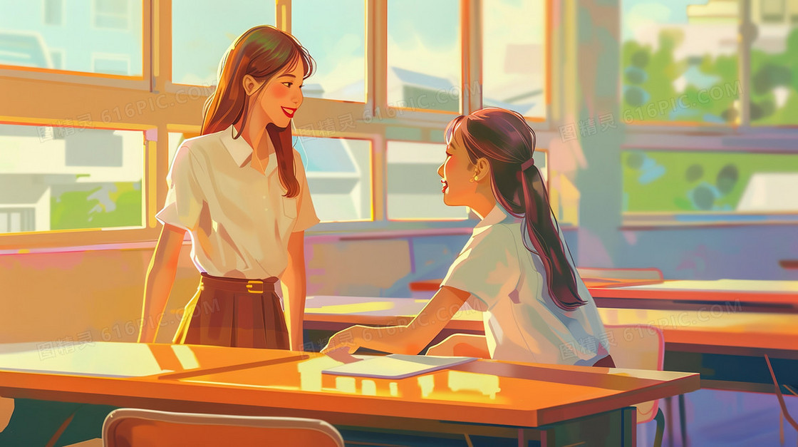 教室交谈的女学生插画