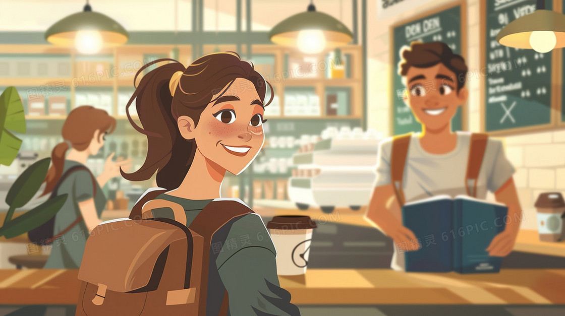 咖啡馆里的女青年插画