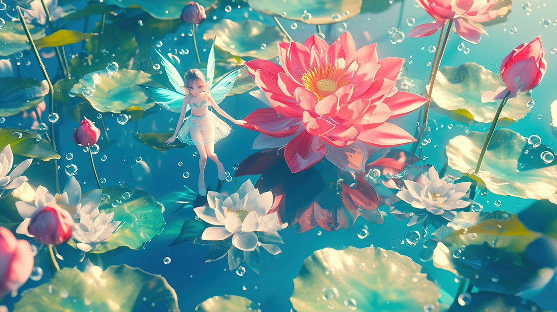 池塘荷花小精灵插画