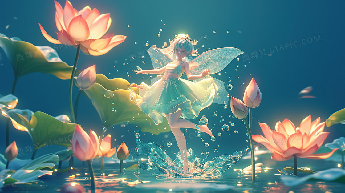 池塘荷花小精灵插画