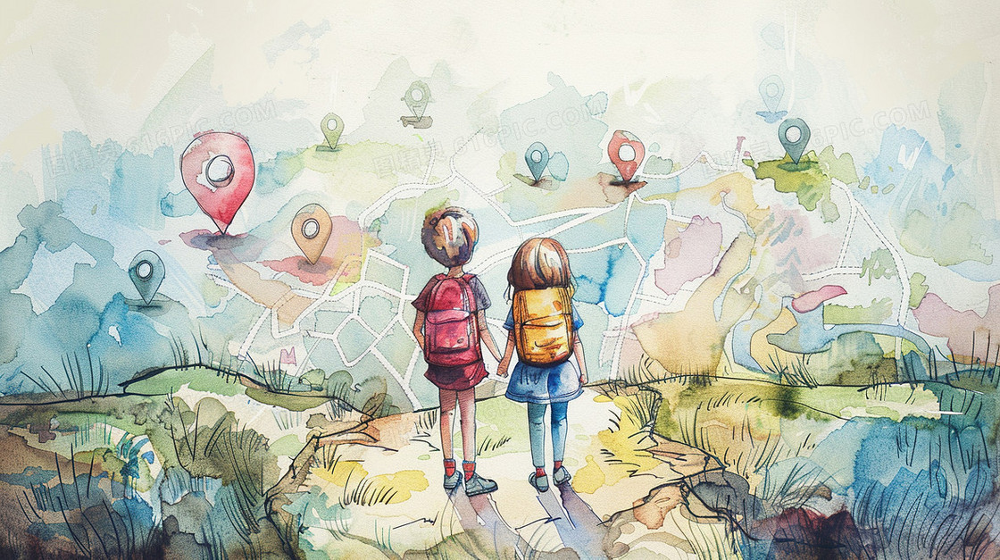 儿童环游世界水彩画插画