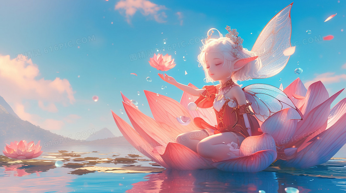 池塘荷花小精灵插画