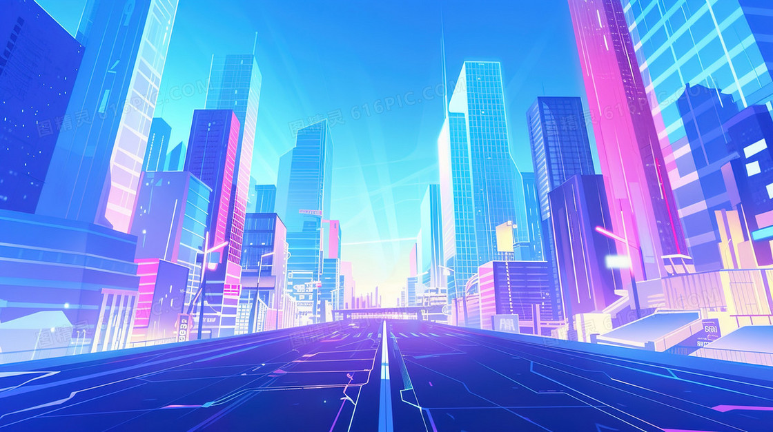 蓝色城市建筑高楼插画