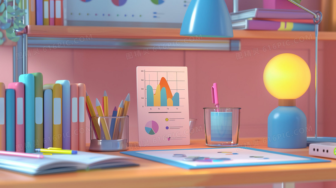 学习桌面上的台灯文具插画