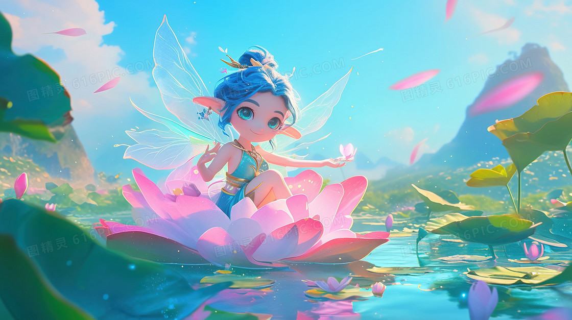 池塘荷花小精灵插画