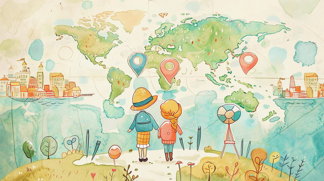 儿童环游世界水彩画插画