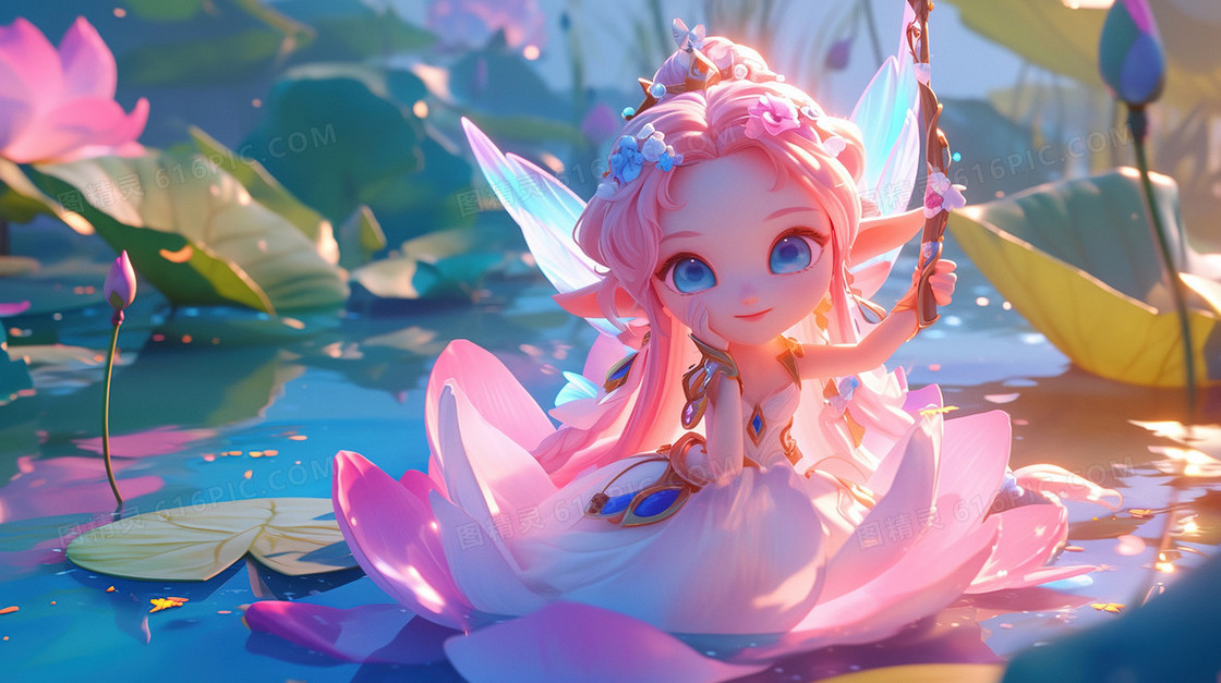 池塘荷花小精灵插画