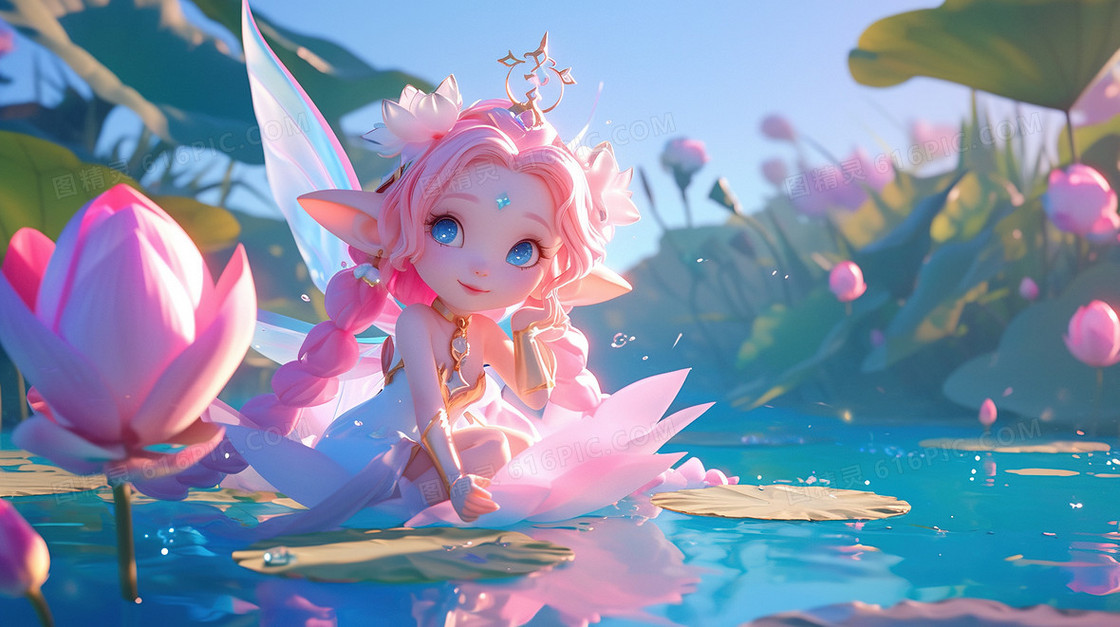 池塘荷花小精灵插画