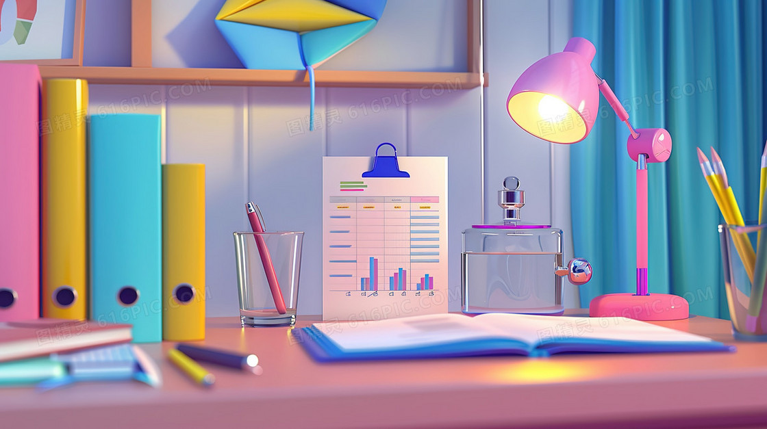 学习桌面上的台灯文具插画