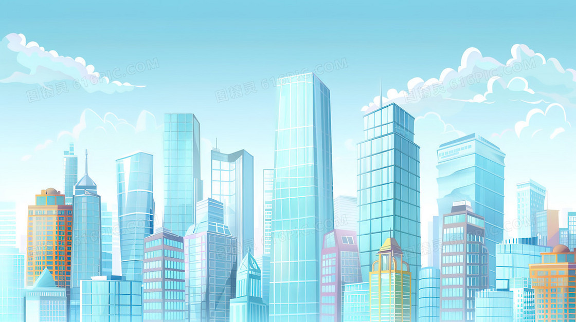 蓝色城市建筑高楼插画