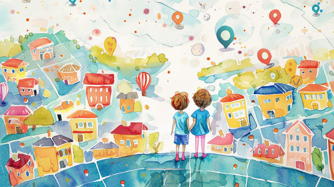 儿童环游世界水彩画插画