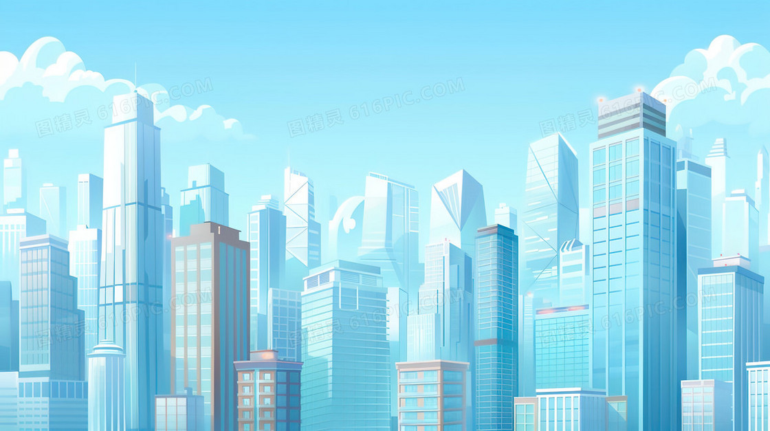 蓝色城市建筑高楼插画