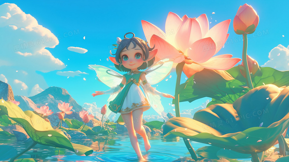 池塘荷花小精灵插画