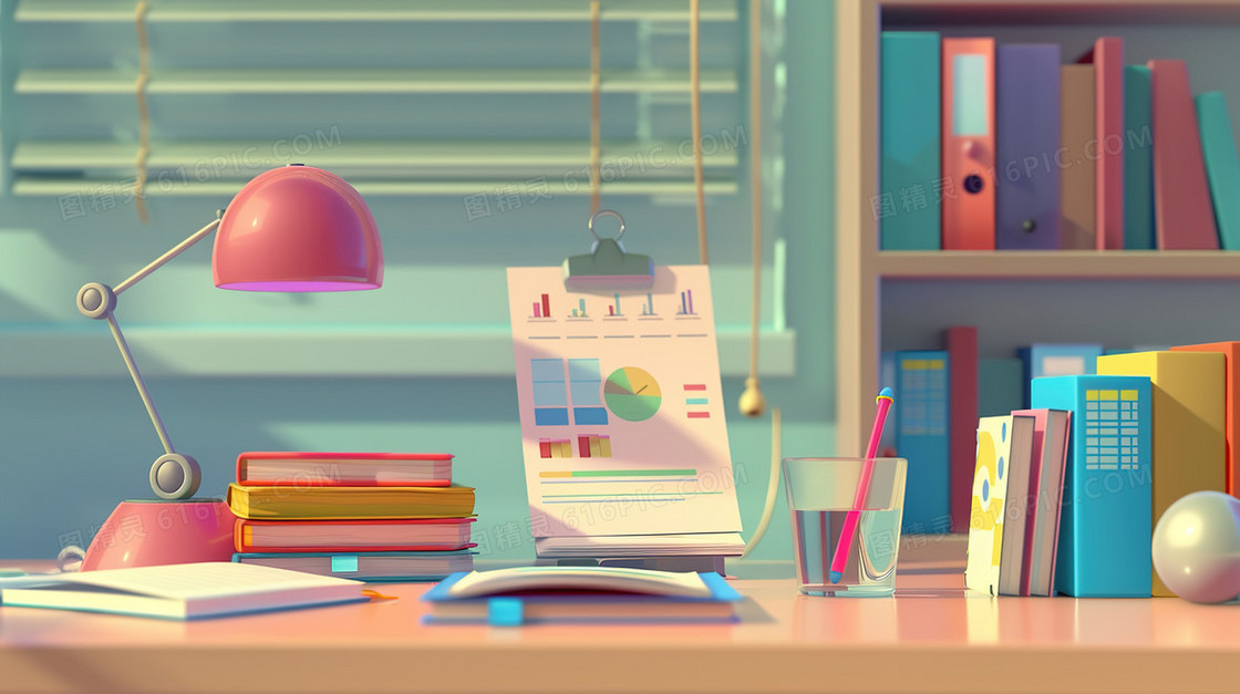 学习桌面上的台灯文具插画