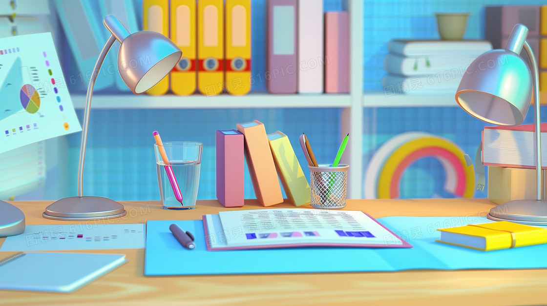 学习桌面上的台灯文具插画