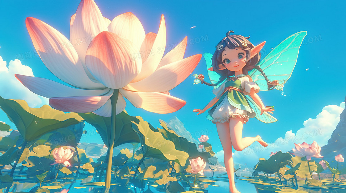 池塘荷花小精灵插画