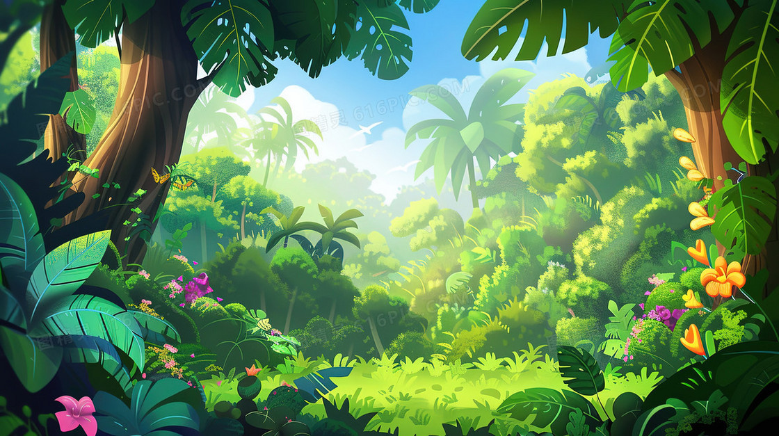 蓝天白云树林风景插画