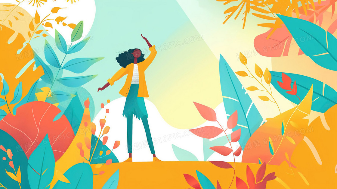 站在植物里的青年女性插画