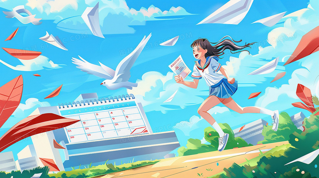 高考倒计时冲刺的女孩插画