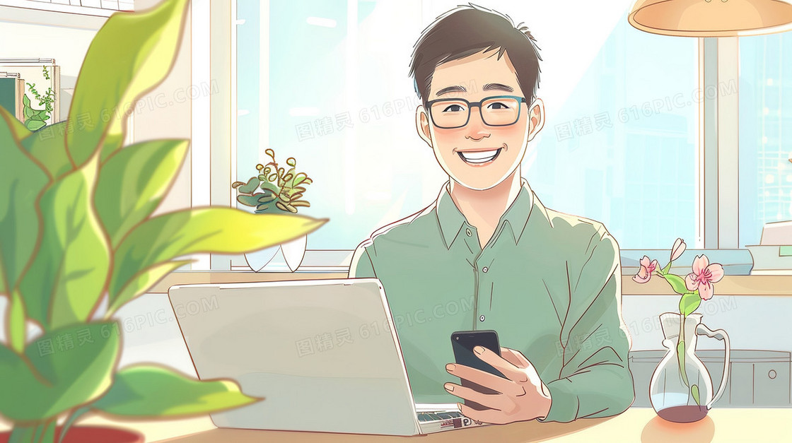 工作上班的男青年插画