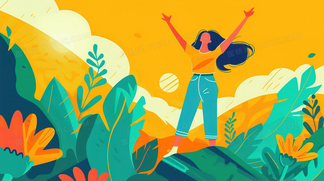 站在植物里的青年女性插画