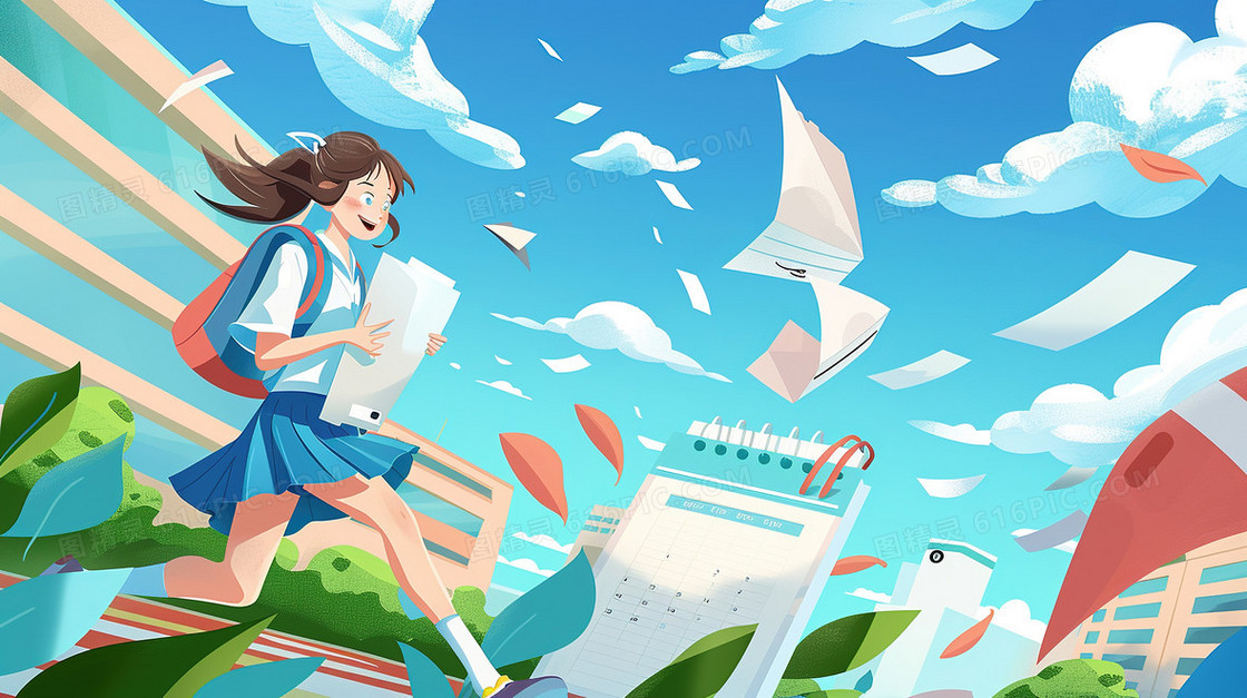 高考倒计时冲刺的女孩插画