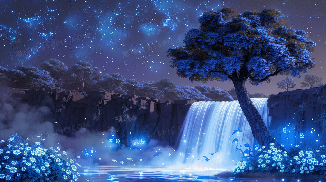 蓝色唯美瀑布夜景插画