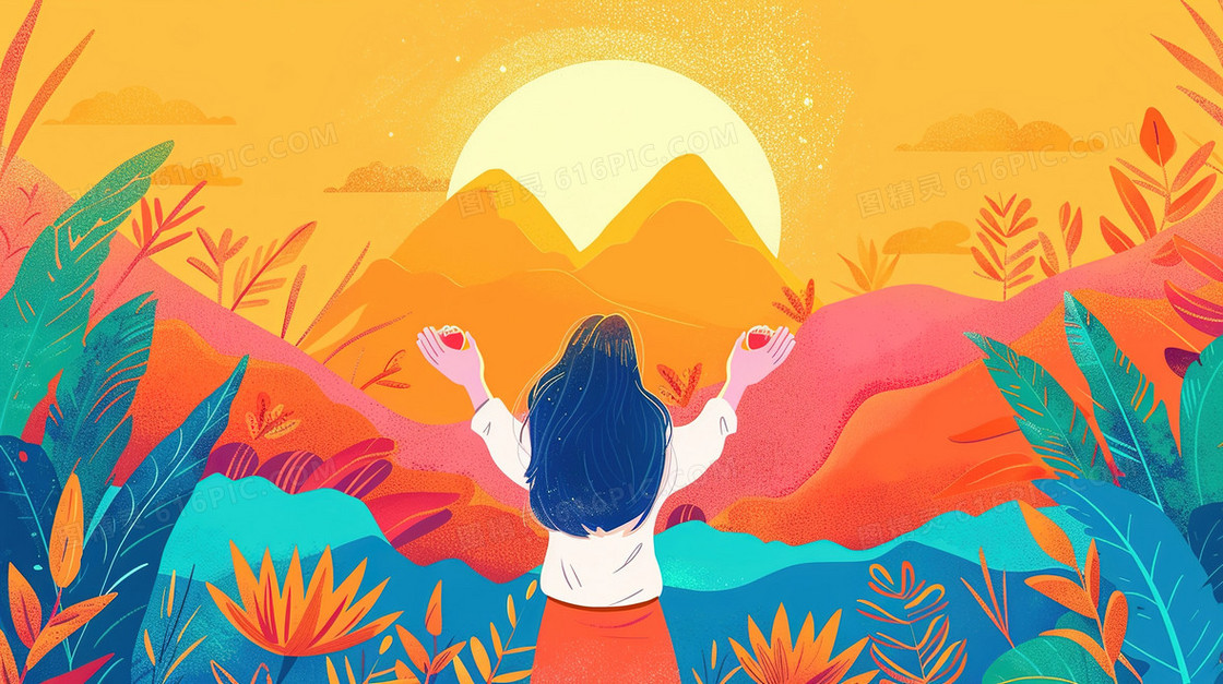 站在植物里的青年女性插画