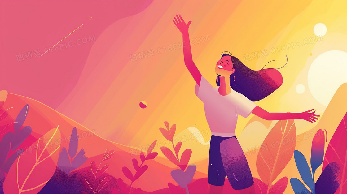 站在植物里的青年女性插画