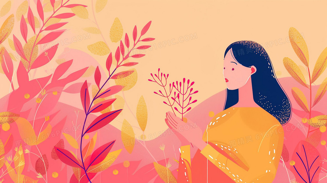 站在植物里的青年女性插画
