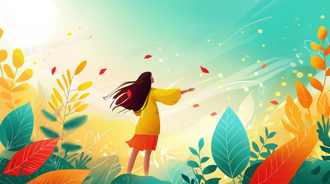 站在植物里的青年女性插画