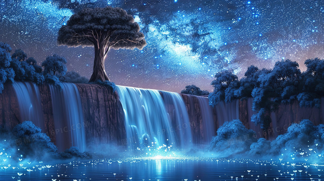 蓝色唯美瀑布夜景插画