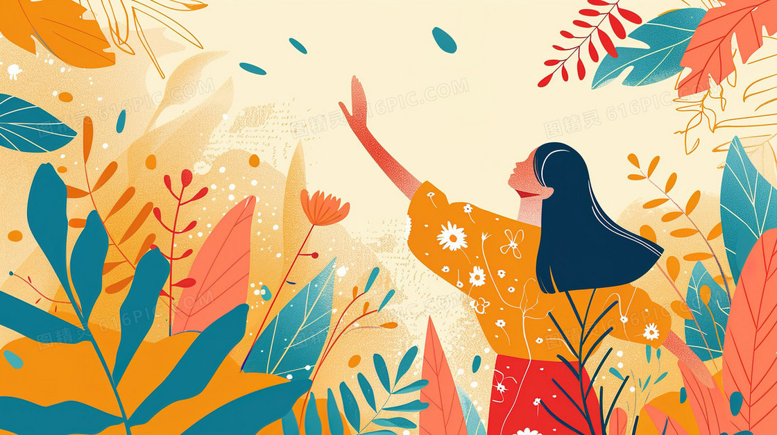 站在植物里的青年女性插画