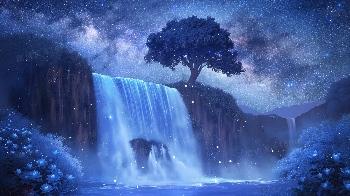蓝色唯美瀑布夜景插画