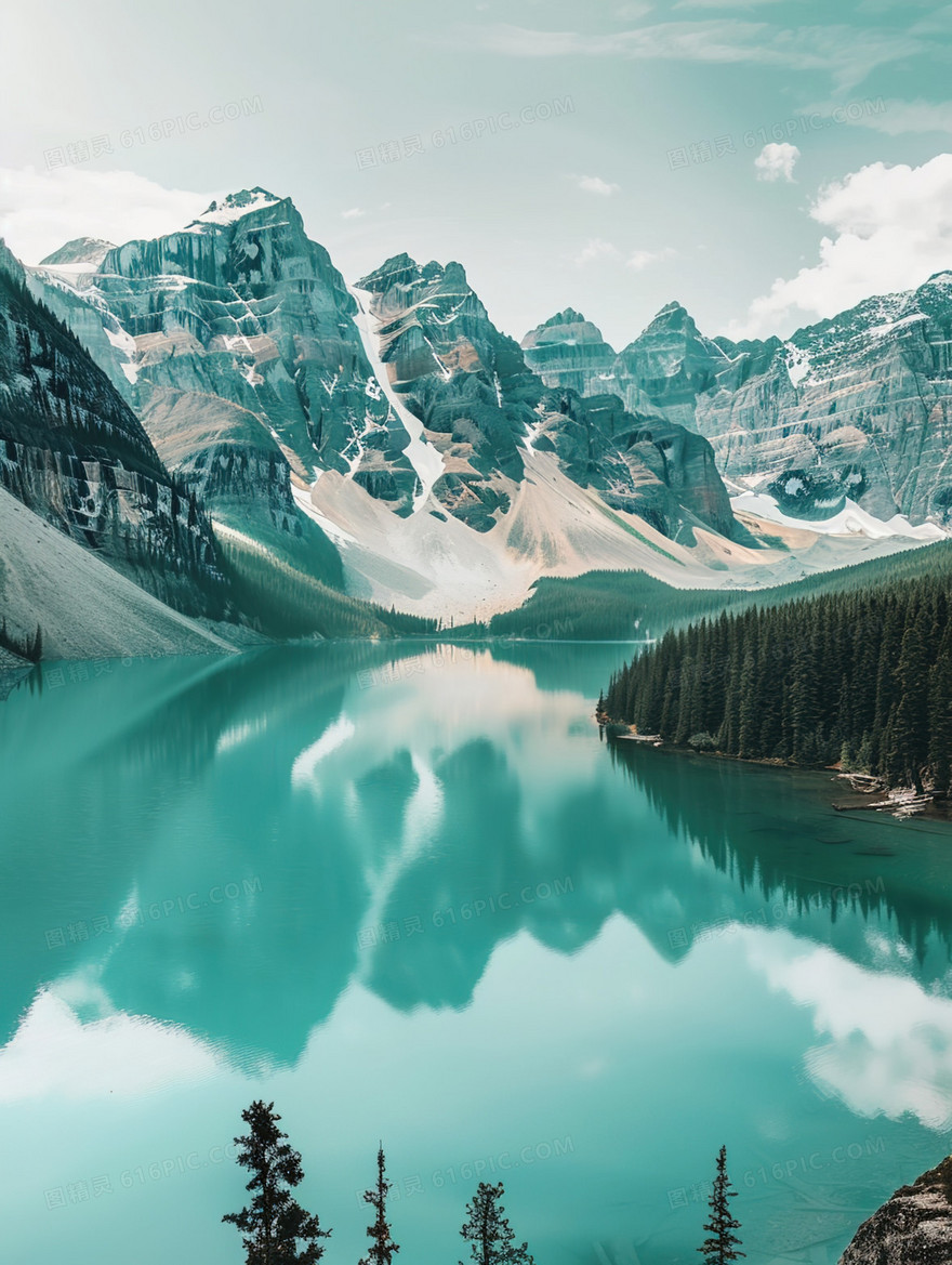 蓝色唯美青山绿水风景插画